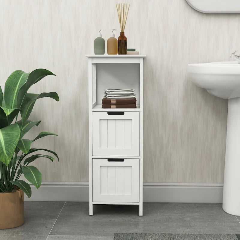 13 W Narrow Floor Cabinet , 2-Drawer Bathroom Cabinet Organizer with Open Storage Shelf for Bath, Kitchen, Bedroom - White