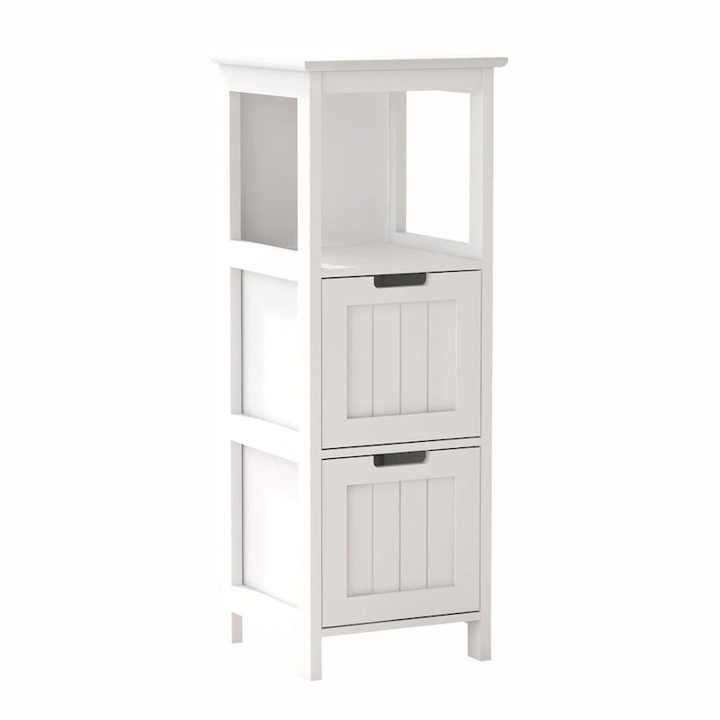 White Painted Narrow Floor Cabinet – 2-Drawer Bathroom Organizer with Open Shelf