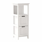 White Painted Narrow Floor Cabinet – 2-Drawer Bathroom Organizer with Open Shelf