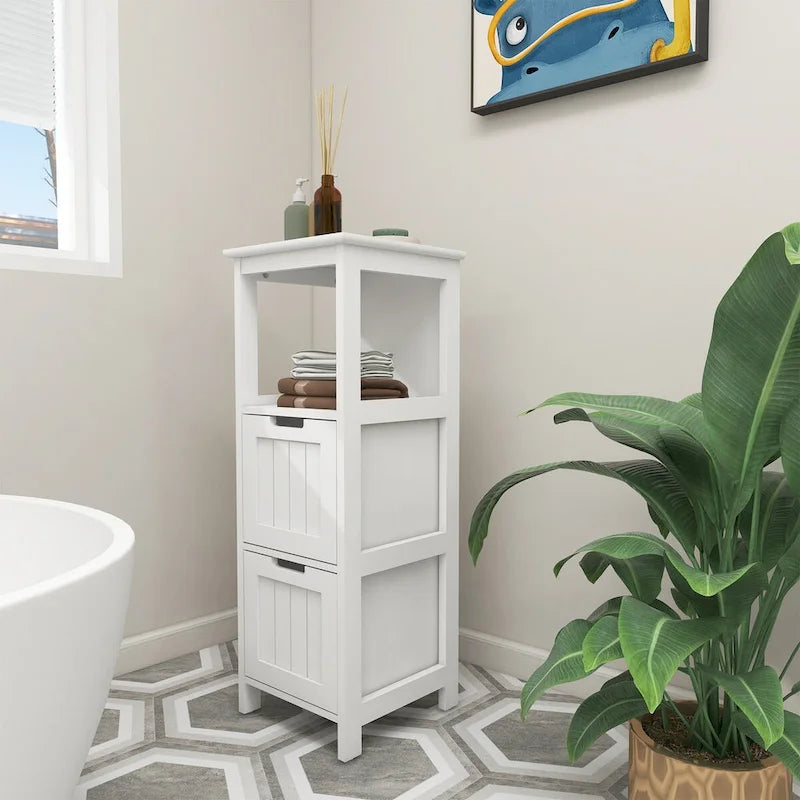 White Painted Narrow Floor Cabinet – 2-Drawer Bathroom Organizer with Open Shelf