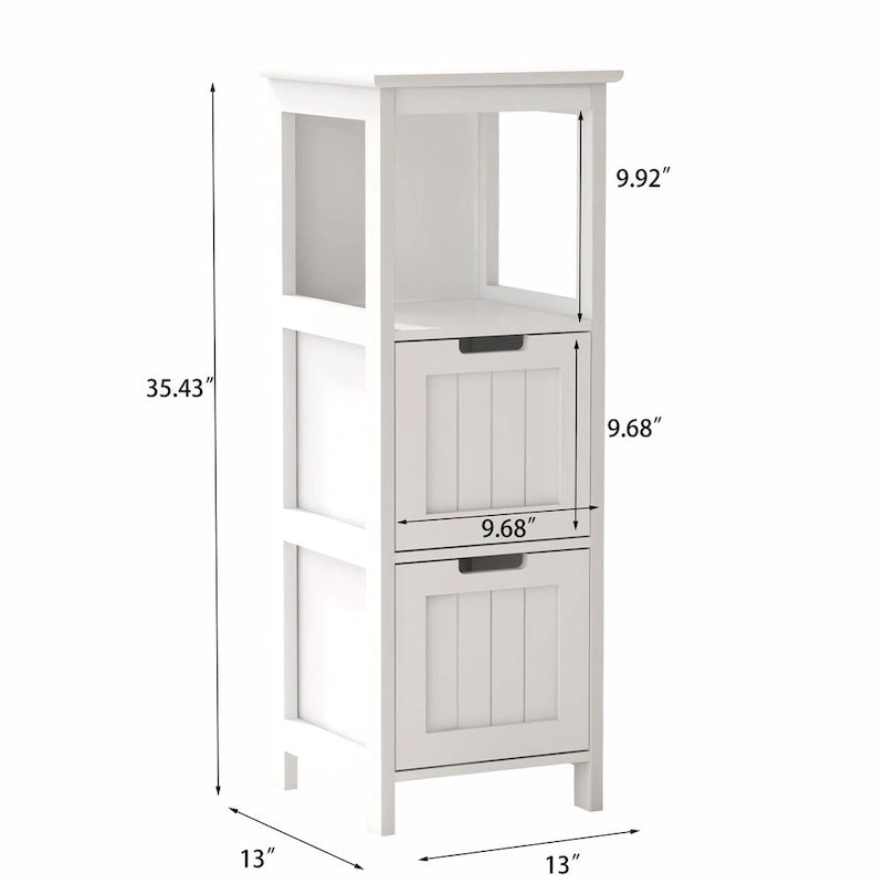 White Painted Narrow Floor Cabinet – 2-Drawer Bathroom Organizer with Open Shelf