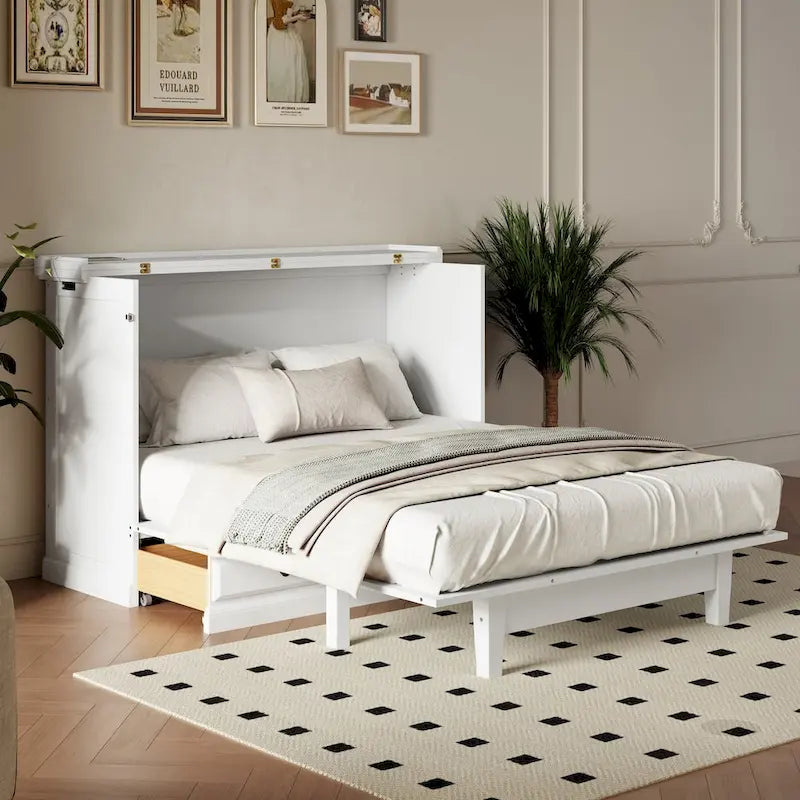 White/Gray Murphy Bed Cabinet with Charging Station & Storage Drawer, Queen, 1-Person