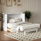 White/Gray Murphy Bed Cabinet with Charging Station & Storage Drawer, Queen, 1-Person