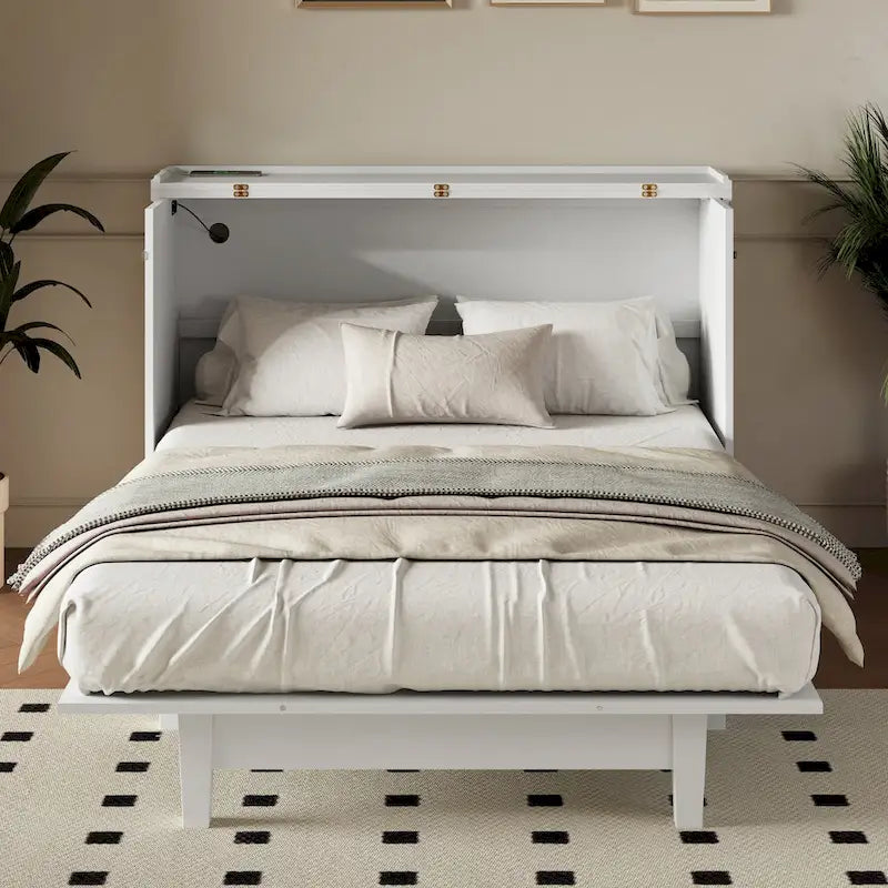 White/Gray Murphy Bed Cabinet with Charging Station & Storage Drawer, Queen, 1-Person