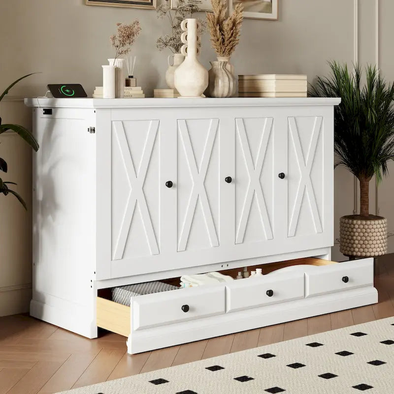 White/Gray Murphy Bed Cabinet with Charging Station & Storage Drawer, Queen, 1-Person