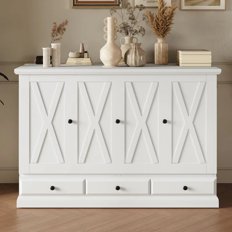 White/Gray Murphy Bed Cabinet with Charging Station & Storage Drawer, Queen, 1-Person