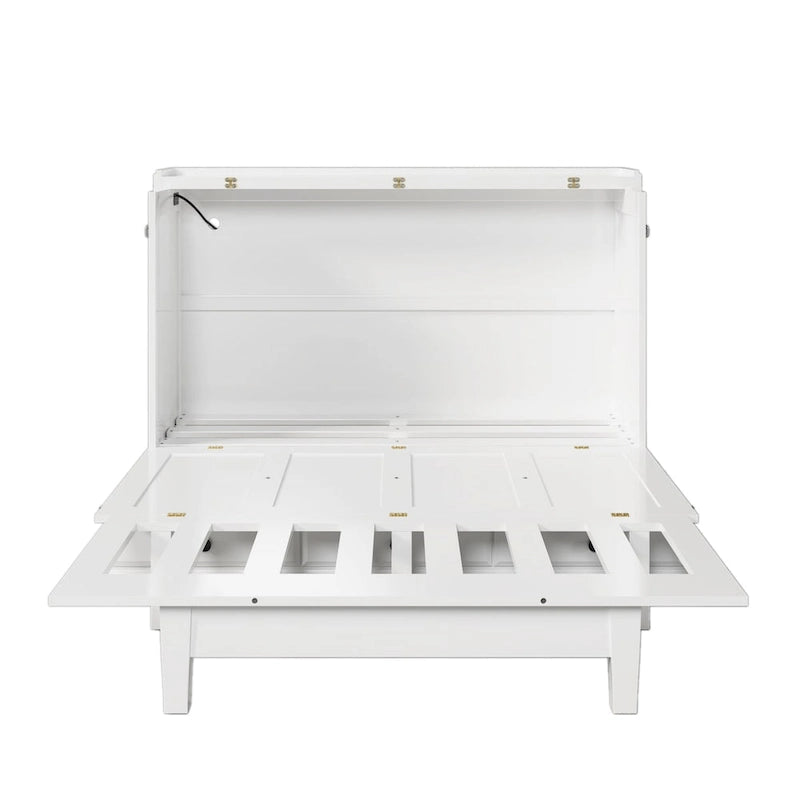 White/Gray Murphy Bed Cabinet with Charging Station & Storage Drawer, Queen, 1-Person