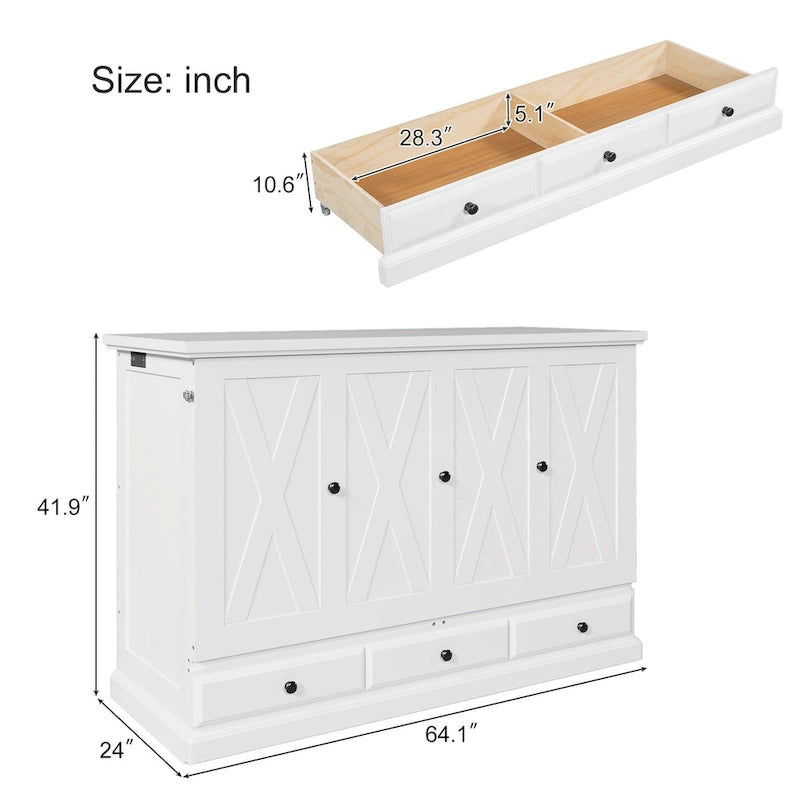 White/Gray Murphy Bed Cabinet with Charging Station & Storage Drawer, Queen, 1-Person