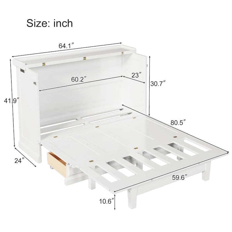 White/Gray Murphy Bed Cabinet with Charging Station & Storage Drawer, Queen, 1-Person
