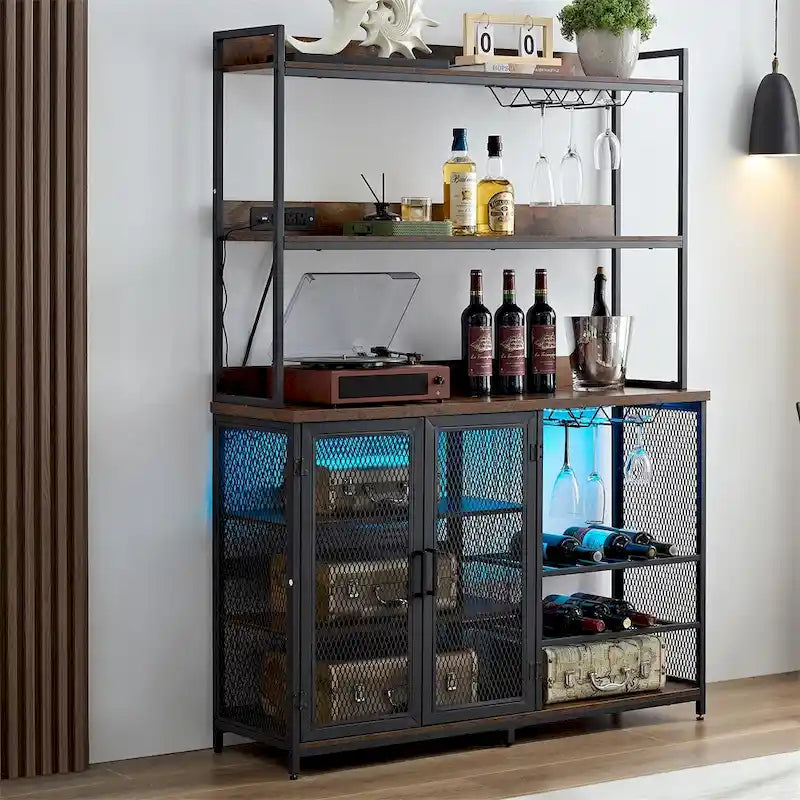 Brown 3-Tier Coffee Bar Cabinet with LED Strip, Glass Holder & Power Outlet – For 1
