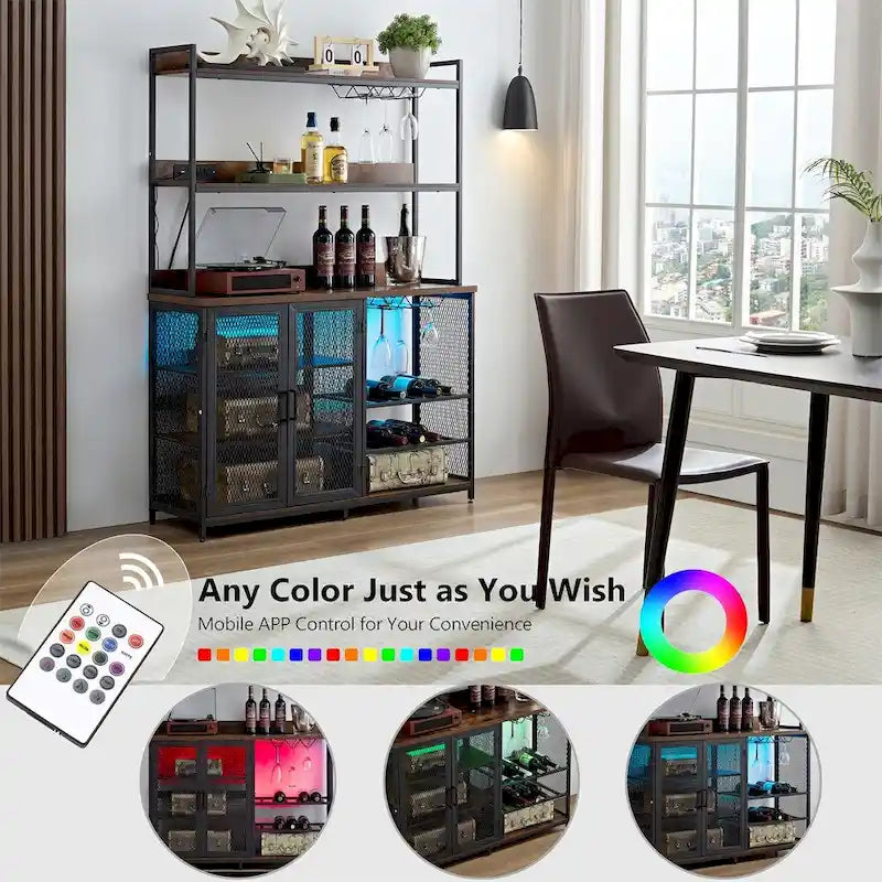Brown 3-Tier Coffee Bar Cabinet with LED Strip, Glass Holder & Power Outlet – For 1