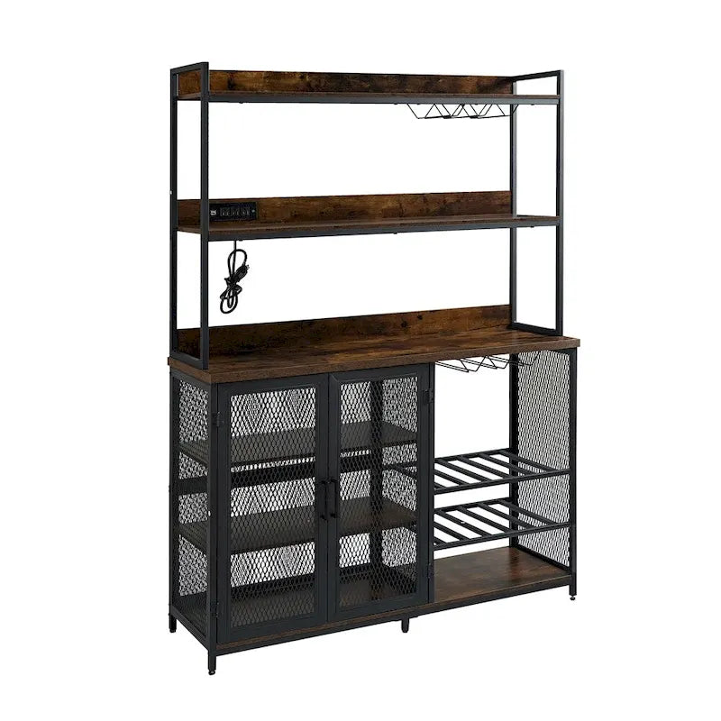Brown 3-Tier Coffee Bar Cabinet with LED Strip, Glass Holder & Power Outlet – For 1