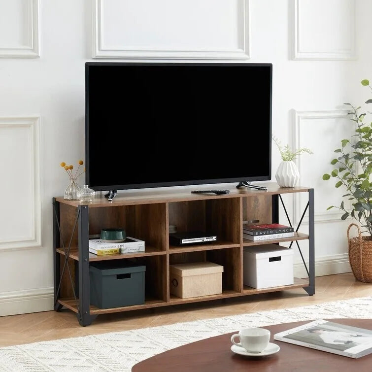 Gray Walnut & Rustic Oak 6-Shelf TV Stand Media Console, Fits up to 65" TV