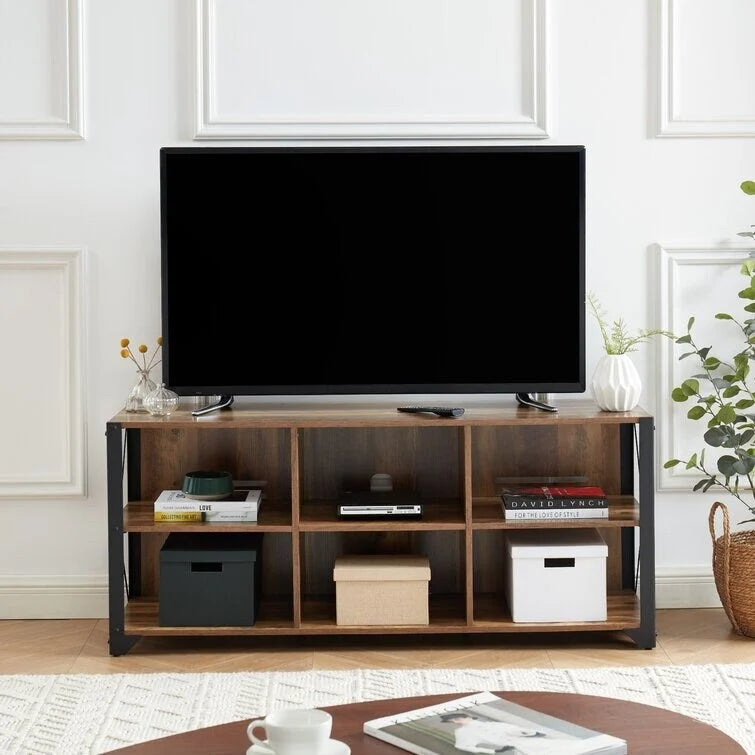 Gray Walnut & Rustic Oak 6-Shelf TV Stand Media Console, Fits up to 65" TV