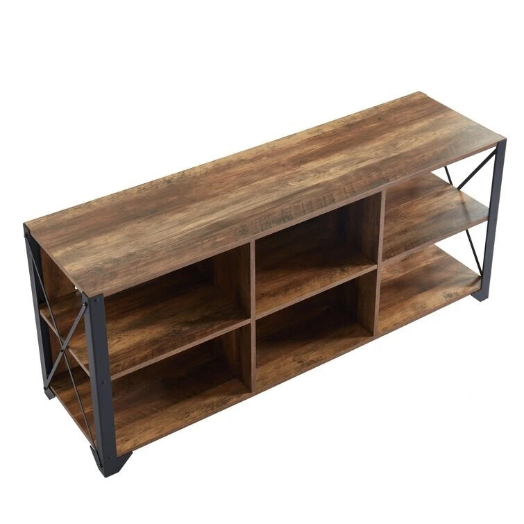 Gray Walnut & Rustic Oak 6-Shelf TV Stand Media Console, Fits up to 65" TV