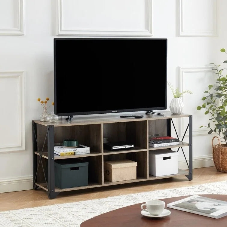 Gray Walnut & Rustic Oak 6-Shelf TV Stand Media Console, Fits up to 65" TV
