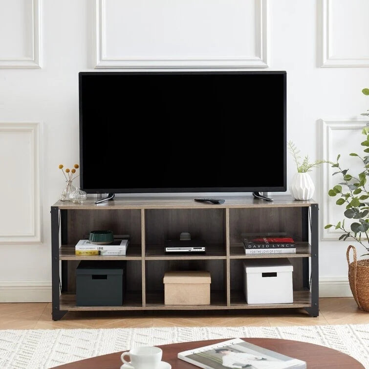 Gray Walnut & Rustic Oak 6-Shelf TV Stand Media Console, Fits up to 65" TV