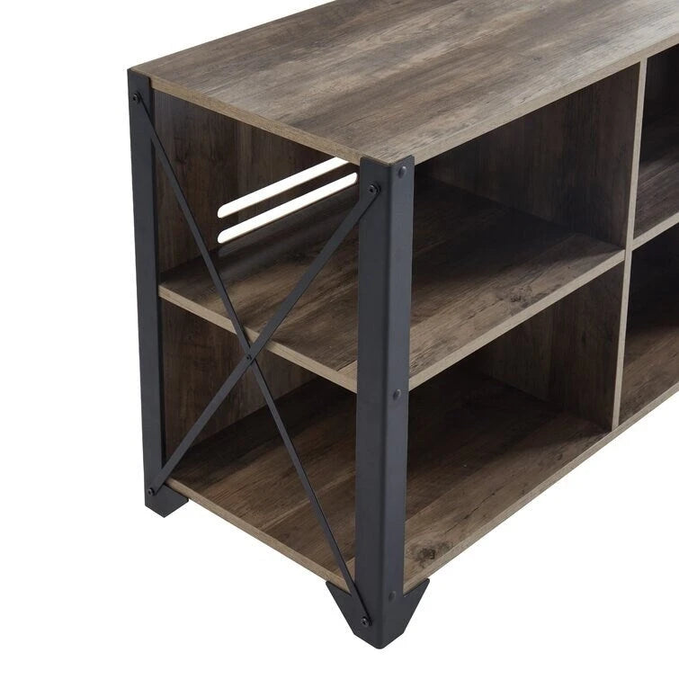 Gray Walnut & Rustic Oak 6-Shelf TV Stand Media Console, Fits up to 65" TV