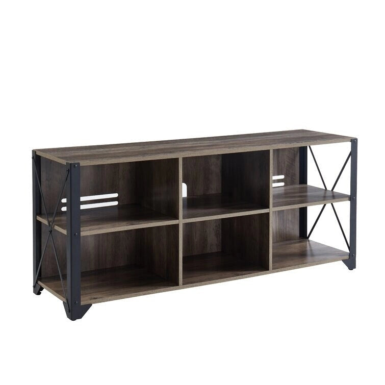 Gray Walnut & Rustic Oak 6-Shelf TV Stand Media Console, Fits up to 65" TV