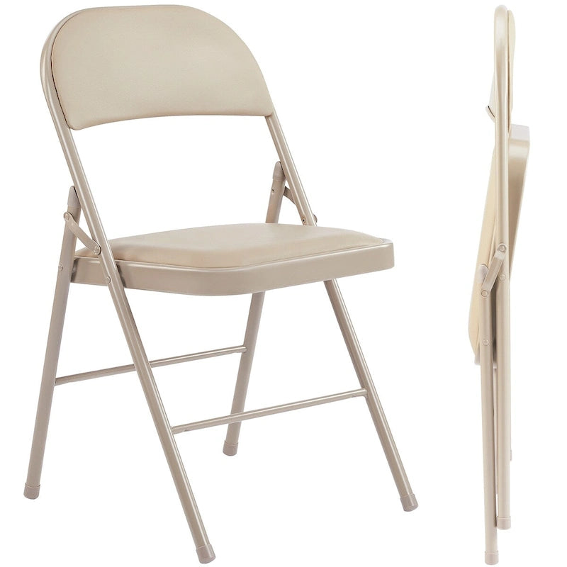 Beige PU Leather Padded Folding Chair, Metal Frame, Set of 2