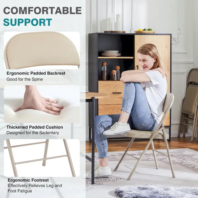 Beige PU Leather Padded Folding Chair, Metal Frame, Set of 2