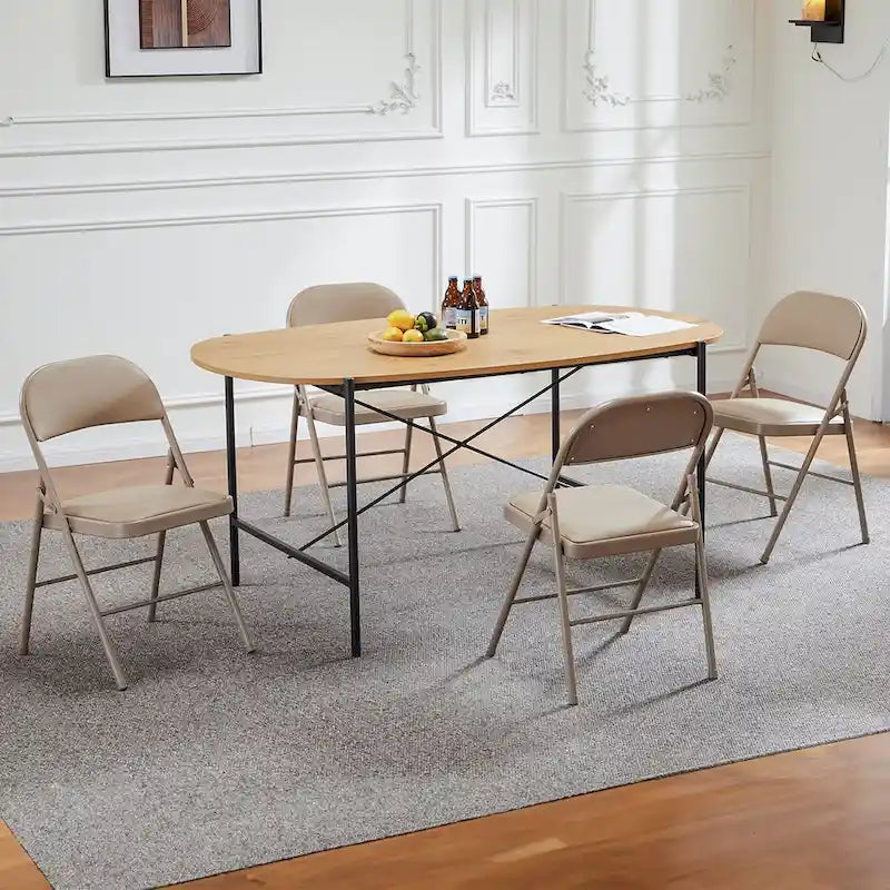 Beige PU Leather Padded Folding Chair, Metal Frame, Set of 2
