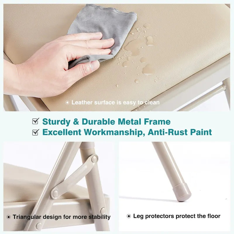 Beige PU Leather Padded Folding Chair, Metal Frame, Set of 2