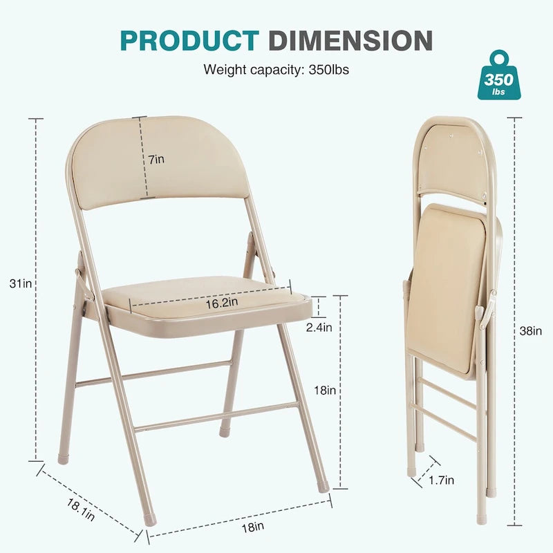 Beige PU Leather Padded Folding Chair, Metal Frame, Set of 2