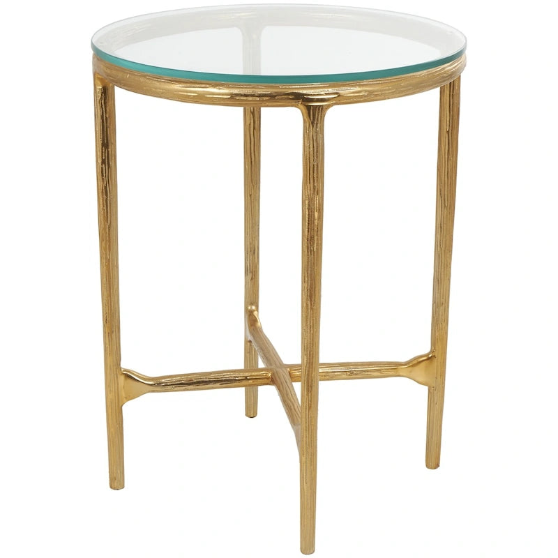 Gold / Silver Metal Textured Side End Table with Clear Glass Top, Modern Style, 1-Person