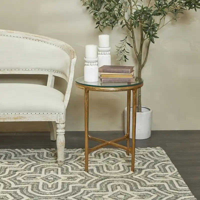 Gold / Silver Metal Textured Side End Table with Clear Glass Top, Modern Style, 1-Person