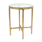 Gold / Silver Metal Textured Side End Table with Clear Glass Top, Modern Style, 1-Person