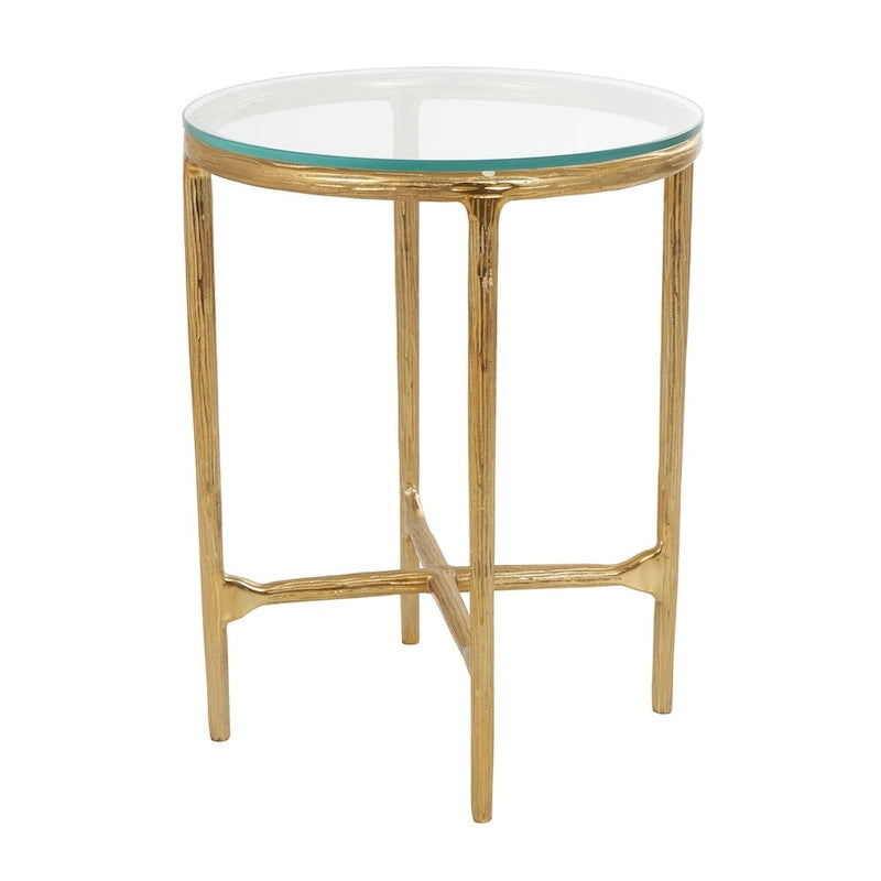 Gold / Silver Metal Textured Side End Table with Clear Glass Top, Modern Style, 1-Person