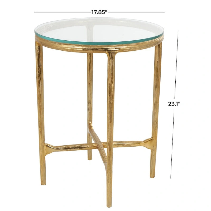 Gold / Silver Metal Textured Side End Table with Clear Glass Top, Modern Style, 1-Person