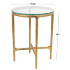 Gold / Silver Metal Textured Side End Table with Clear Glass Top, Modern Style, 1-Person