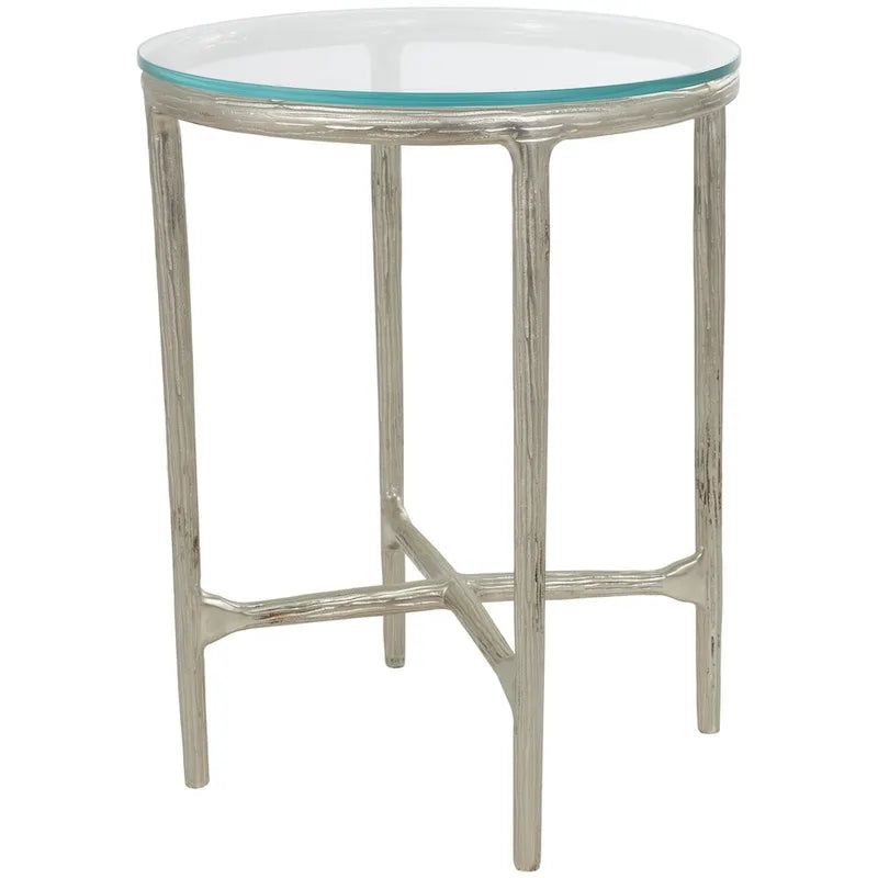 Gold / Silver Metal Textured Side End Table with Clear Glass Top, Modern Style, 1-Person