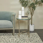 Gold / Silver Metal Textured Side End Table with Clear Glass Top, Modern Style, 1-Person