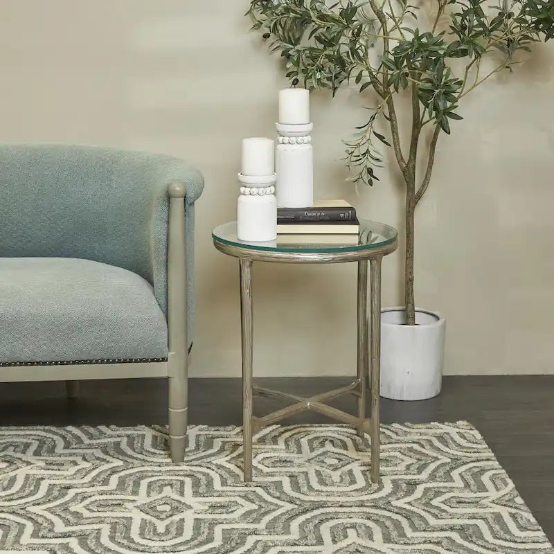 Gold / Silver Metal Textured Side End Table with Clear Glass Top, Modern Style, 1-Person