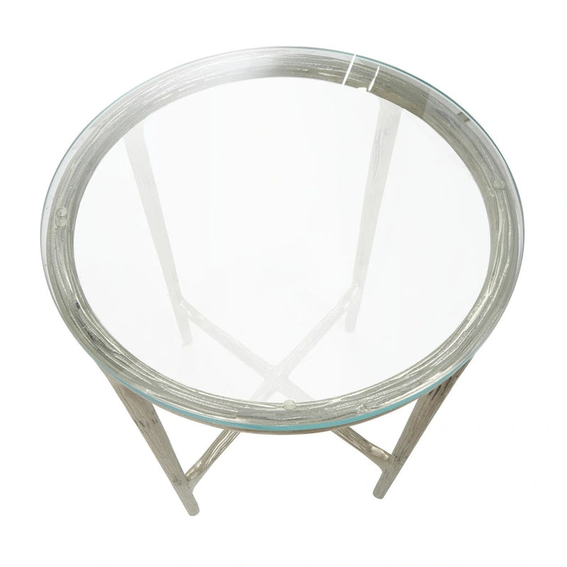 Gold / Silver Metal Textured Side End Table with Clear Glass Top, Modern Style, 1-Person
