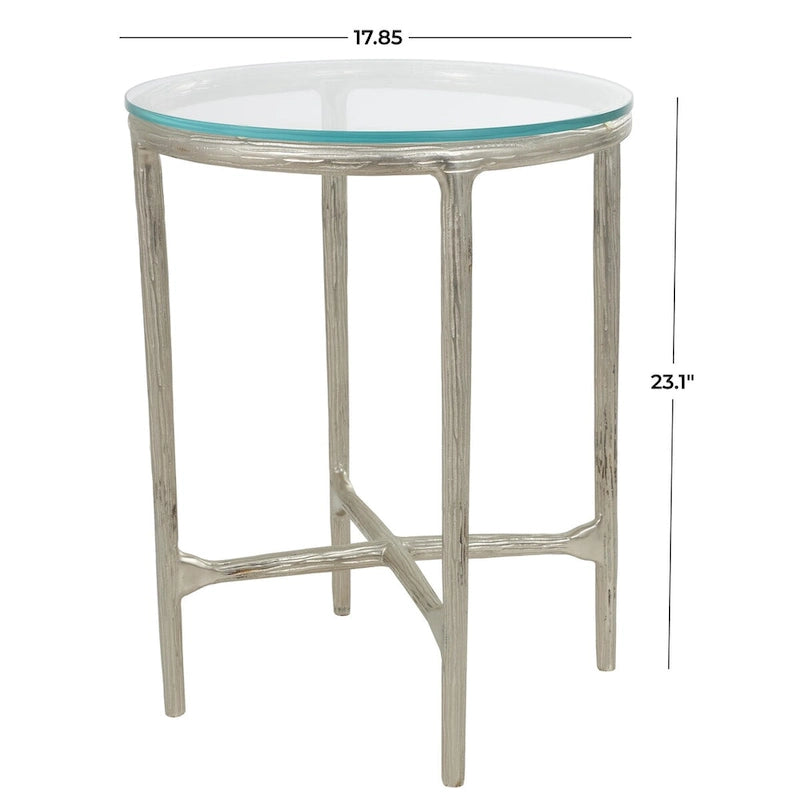 Gold / Silver Metal Textured Side End Table with Clear Glass Top, Modern Style, 1-Person