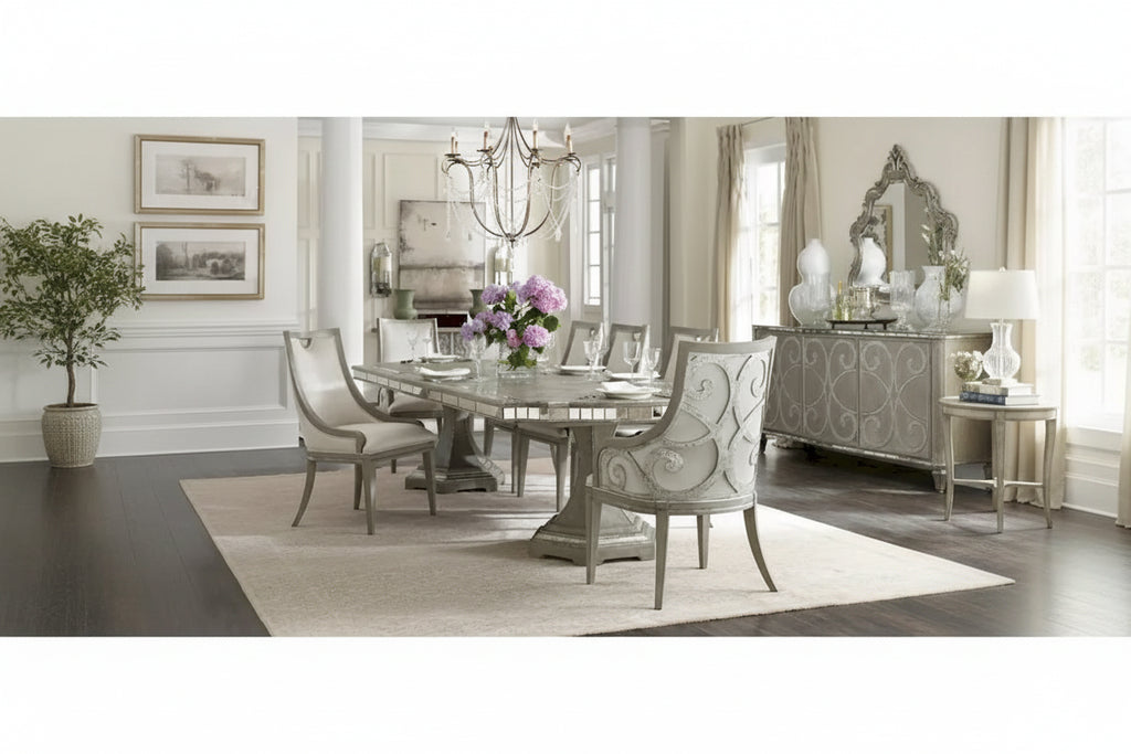 Greige Extendable Dining Table with Mirror Inlays, Seats 6–10