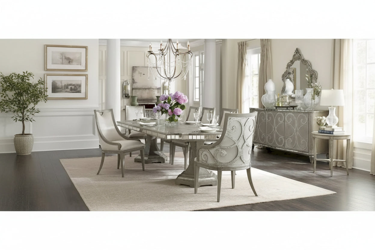 Greige Extendable Dining Table with Mirror Inlays, Seats 6–10